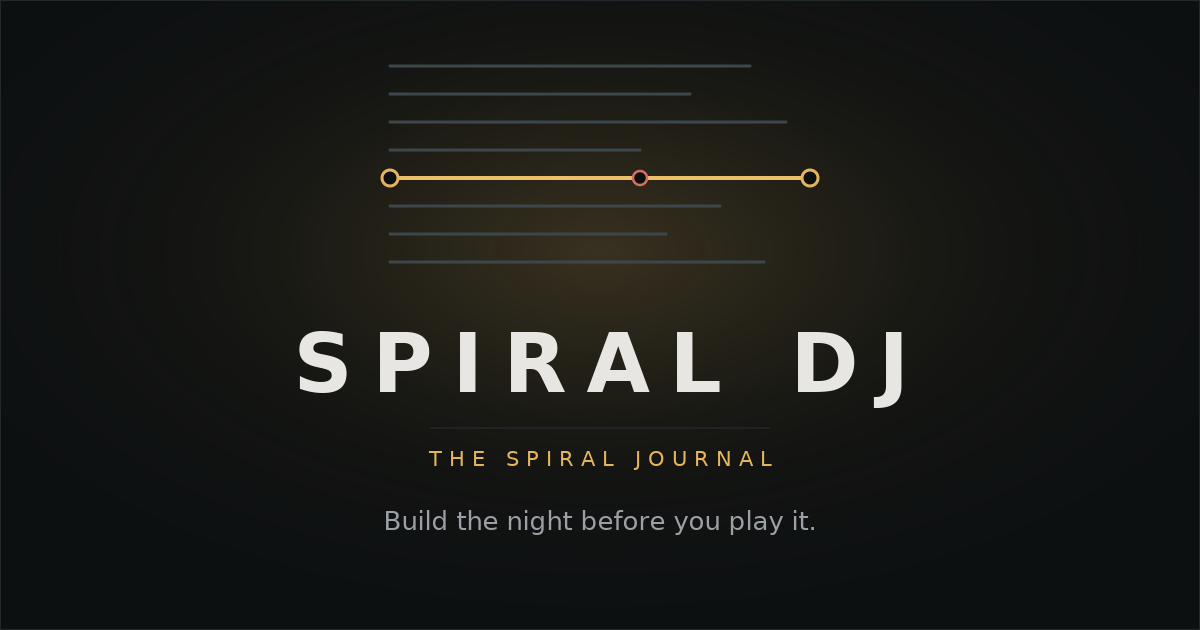 Spiral DJ wordmark on a dark background with a stack of log lines and one amber highlight.