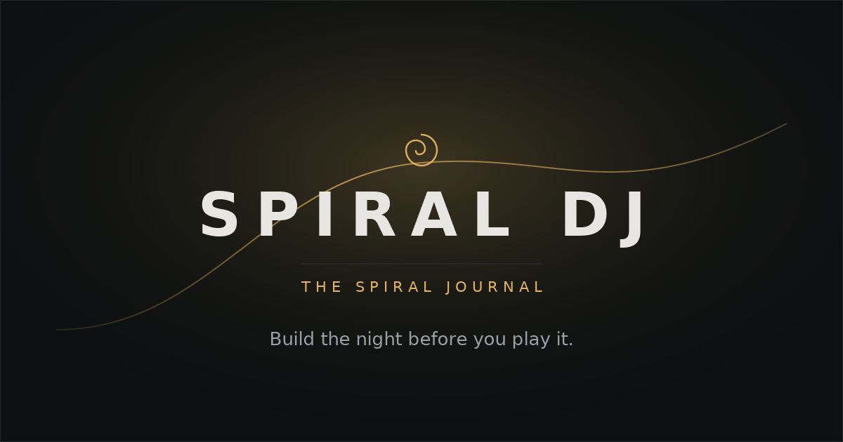 Spiral DJ wordmark on a dark background with an amber spiral glyph and a rising energy arc.